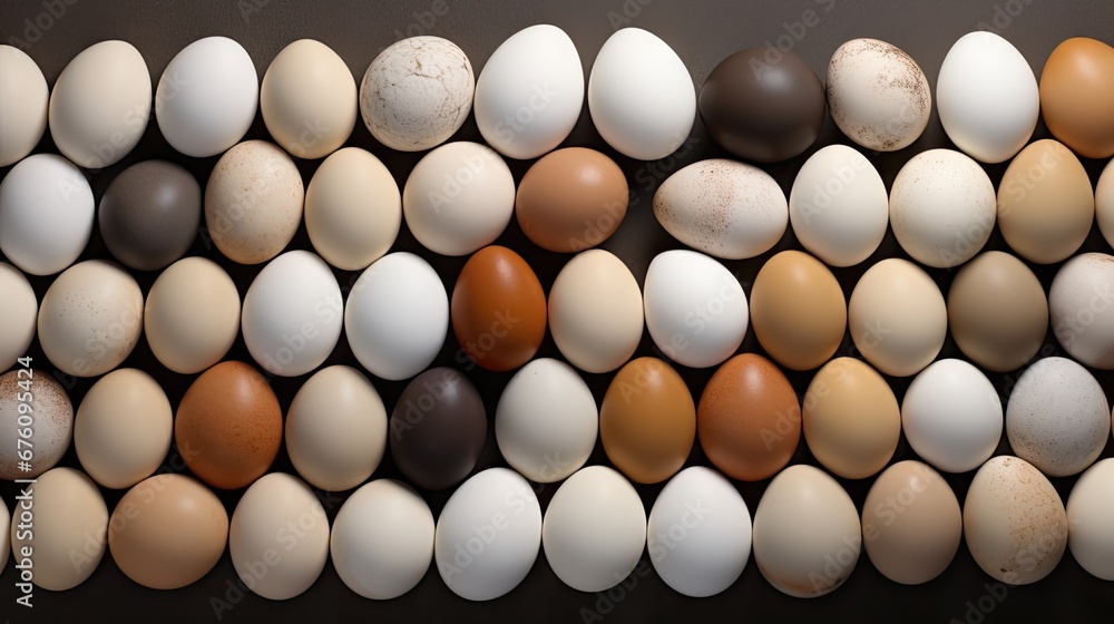 Poster a group of brown and white eggs are arranged in a row on a black surface with one egg in the middle 