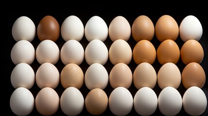  a group of brown and white eggs sitting in a row on top of each other on a black counter top.  generative ai