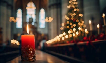 Burning candles in the church, Spiritual moment Candle-lit Christmas Eve church service. , candlelight glow for sacred celebration of Christmas