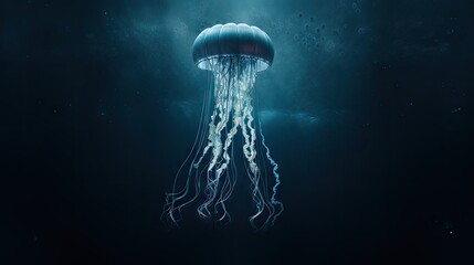 a jellyfish floating in the water with its head turned to look like it is floating in the dark water.  generative ai
