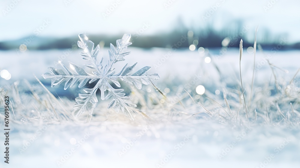 Poster a close up of a snowflake in a field of grass with snow flakes in the foreground. generative ai