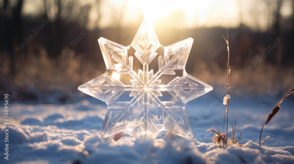 Poster a snowflake sitting in the middle of a field of snow with the sun shining through the trees in the b