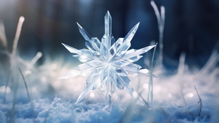  a close up of a snowflake in a field of grass with snow flakes in the foreground.  generative ai