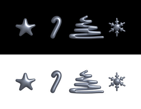3d Metallic silver chrome Christmas icons elements Ornaments set, bold ballon shapes Tree, Star, Candy cane, Snow Flake, balloon gray