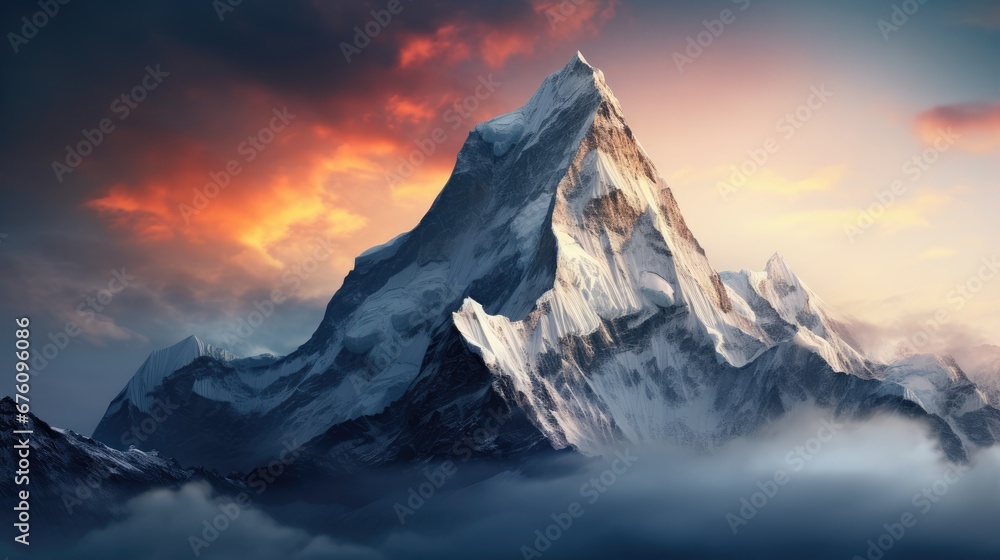 Poster a very tall mountain in the middle of a cloudy sky with a red and blue sky in the background and clo