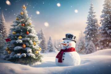 Magical winter forest with decorated Christmas tree and posing snowman. Winter abstract landscape. Christmas winter holiday composition. Generative AI.