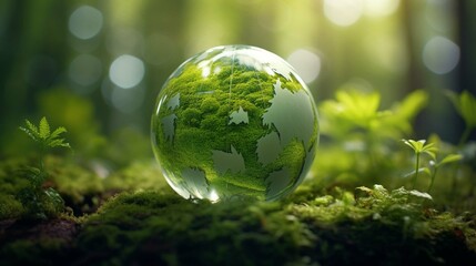 Obraz na płótnie Canvas A Green World: The Significance of a Green Globe with Continents on blurred Natural Background. Happy earth day concept. photography ::10 , 8k, 8k render ::3 