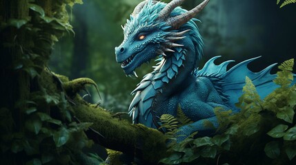 Blue ancient forest dragon sitting on top of a lush green forest. Postproducted generative AI....