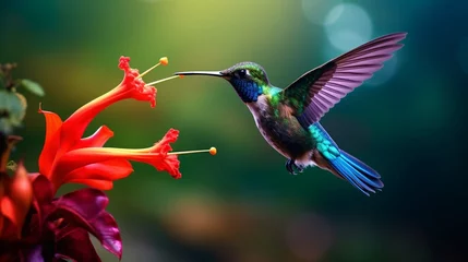 Foto op Plexiglas Blue hummingbird Violet Sabrewing flying next to beautiful red flower. Tinny bird fly in jungle. Wildlife in tropic Costa Rica. Two bird sucking nectar from bloom in the forest. Bird behaviour photogr © Abid