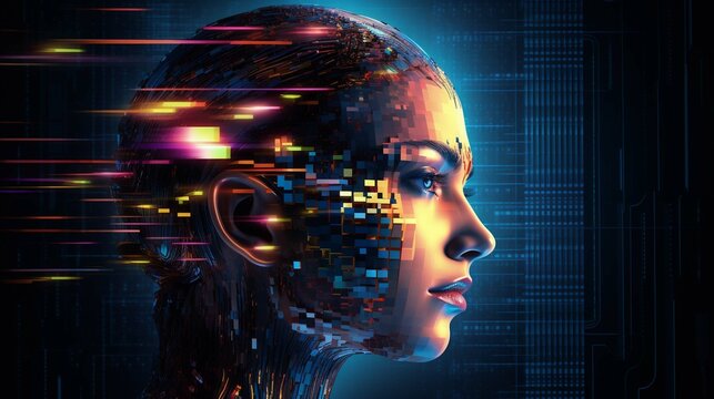 Artificial Intelligence and Virtual Reality concept. 3D human head made of pixels in neon holographic vivid colors on dark background. Vaporwave and Synthwave style illustration. photography ::10 , 8k