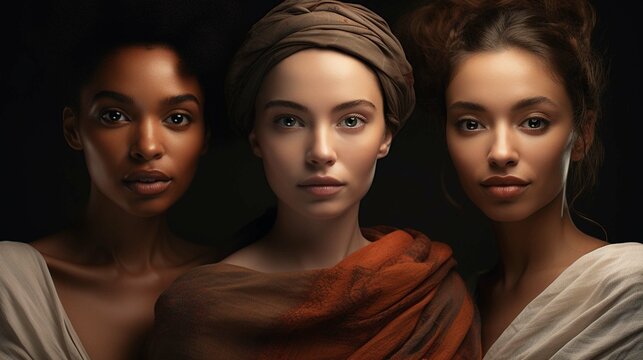 Black history month or woman's day celebration banner with potrait of 3 women in different country. photography ::10 , 8k, 8k render ::3
