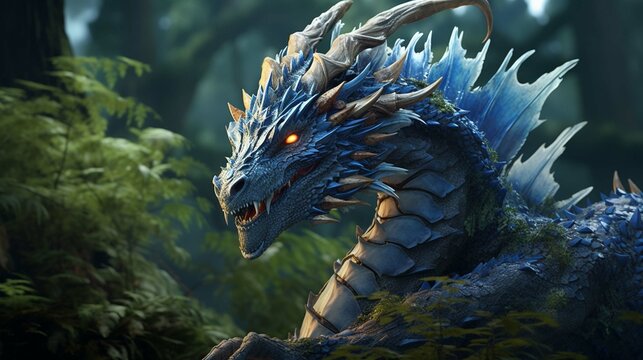 Blue ancient forest dragon sitting on top of a lush green forest. Postproducted generative AI. digital illustration photography ::10 , 8k, 8k render ::3
