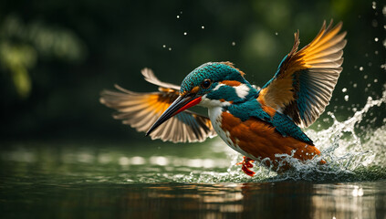 Beautifully patterned kingfisher diving into water to catch its prey - AI Generative