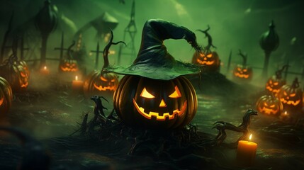 Halloween green pumpkins with neon glowing eyes and witches hat, isolated on green toned smoke foggy background. Scary Jack-o-lantern halloween pumpkin. photography ::10 , 8k, 8k render ::3
