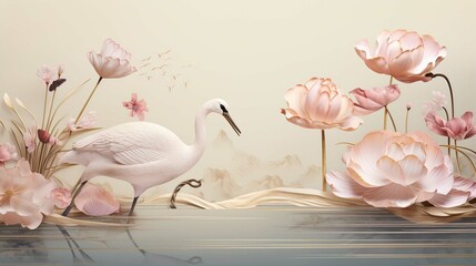 Luxury oriental flower background. Elegant pink lotus flowers golden line art with sea wave line pattern and crane bird. Chinese and Japanese design for wallpaper, poster, banner, card. photography ::