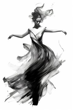 Generative AI, Beautiful dancing woman drawn by black ink or watercolor. Hand paint black and white fashion sketch.	
