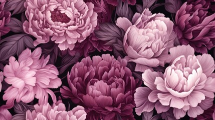  a bunch of flowers that are in the middle of a bunch of pink and purple flowers on a black background.  generative ai