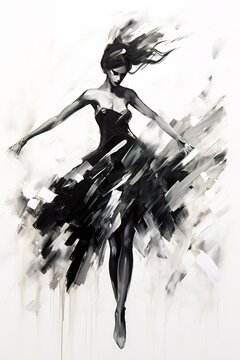 Generative AI, Beautiful dancing woman drawn by black ink or watercolor. Hand paint black and white fashion sketch.	
