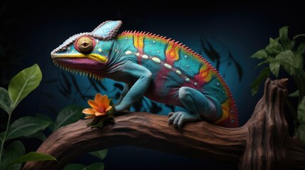 Fototapeta premium a chamelon sitting on top of a tree branch with a flower in the foreground and leaves in the background. generative ai