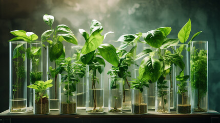 Many green plants growing in test tubes with water. In-depth study.Generative AI