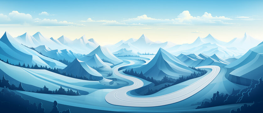 Infographic of a winding road through the mountains. business concept of milestones, roadmap and direction. blue and turquoise color scheme.