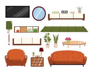 Set of interior elements in a cartoon style. Vector illustration of various interior objects: TV, mirror, shelves with books, clock, vases, floor lamp, carpet, coffee table, armchair, sofa.