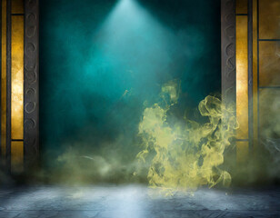 Room with concrete floor and smoke with dark wall background