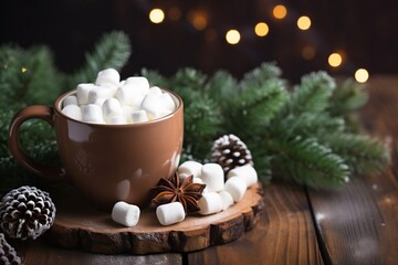 Obraz na płótnie Canvas Christmas festive refreshment with hot cocoa with marshmallows Winter beverage, Cup of coffee with christmas cookies