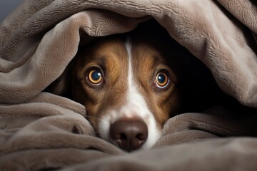 Hund versteckt sich unter einer Decke und hat angst. Ängstlicher Hund beobachtet die Umgebung. Geborgenheit unter der Kuscheldecke zum aufwärmen von draußen.  - obrazy, fototapety, plakaty