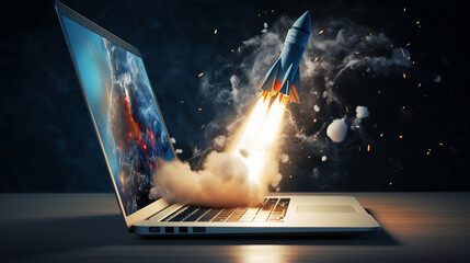 Launching a rocket from a laptop screen. Rocket takeoff. Starting a business.Generative AI