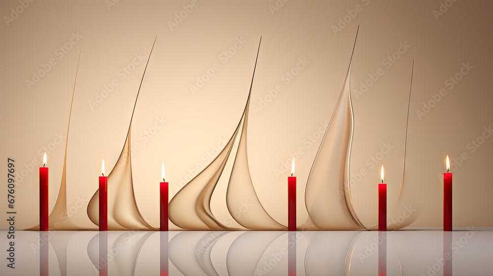 Poster a row of red candles sitting next to each other on top of a table with a reflection on the floor. ge