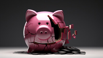 Shattered piggy bank on dark backdrop with coins, metaphor for financial crisis, economic collapse, bankruptcy, fiscal emergencies, savings depletion, investment failure, and monetary loss - obrazy, fototapety, plakaty