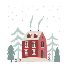 Cute hand drawn Christmas House with doors, window and chimney. Scandinavian red wooden building illustration. Roof, falling snow and trees. Isolated vector flat clipart. Traditional winter icon