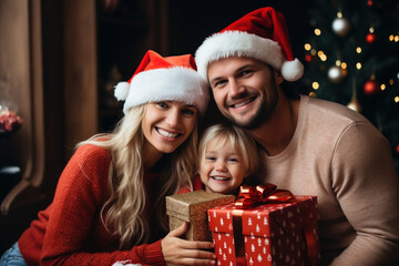 Fototapeta na wymiar Celebrating Xmas holidays concept. Cute friendly happy married family spouses couple husband wife in red Santa Christmas hats and kid child hugging each other celebrating on the ocean sea beach.