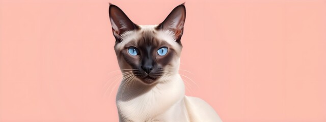 Fototapeta na wymiar Siamese cat on a pastel background. Cat a solid uniform background, for your advertising and design with copy space. Creative animal concept. Looking towards camera.