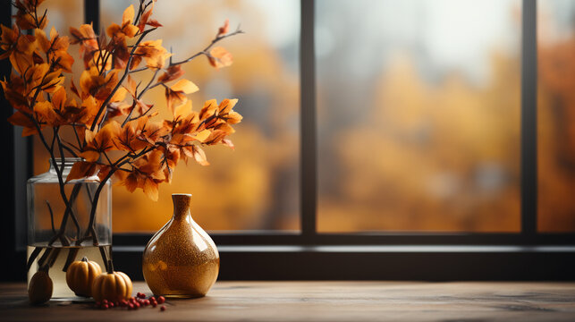 Interior of Table background of free space and autumn window. AI generative