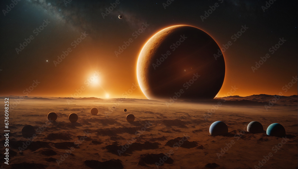Poster celestial event of a planetary transit, as a planet passes in front of its parent star - ai generati
