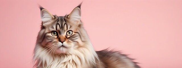 Siberian cat on a pastel background. Cat a solid uniform background, for your advertising and design with copy space. Creative animal concept. Looking towards camera.