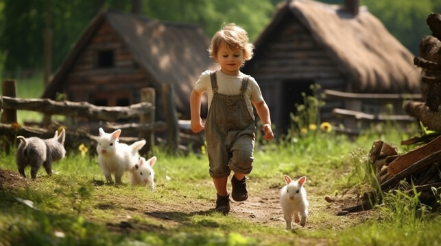 a child runs on a farm with animals. nature. Generative AI