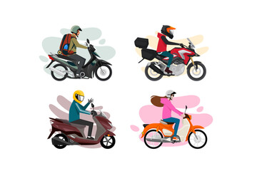 Illustration of people riding motorcycle and scooter in flat and colorful shapes.