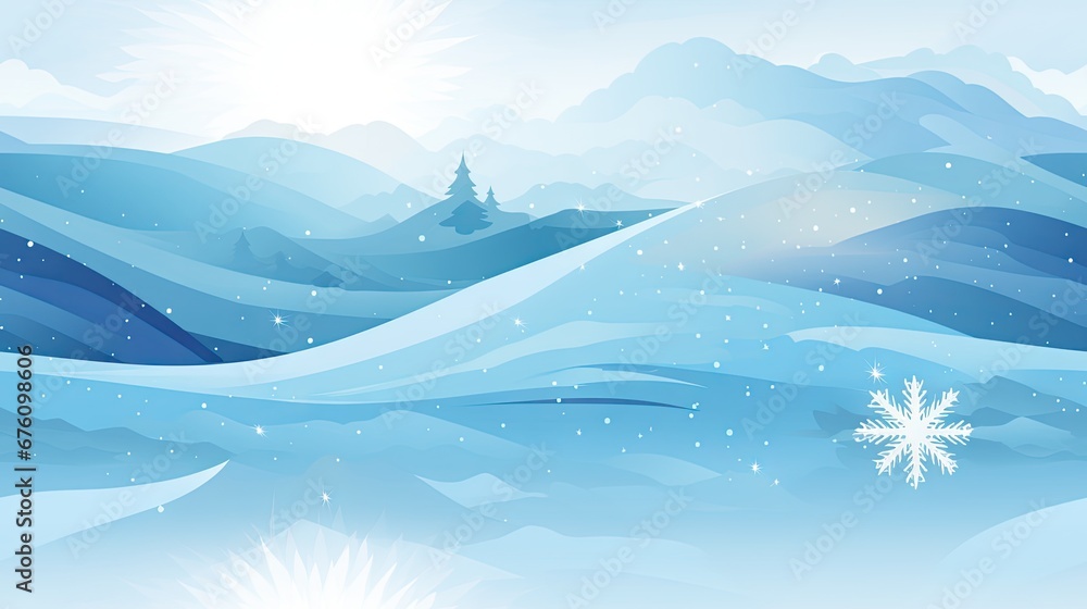 Poster a snowy landscape with a snowflake in the foreground and a pine tree in the middle of the picture. g