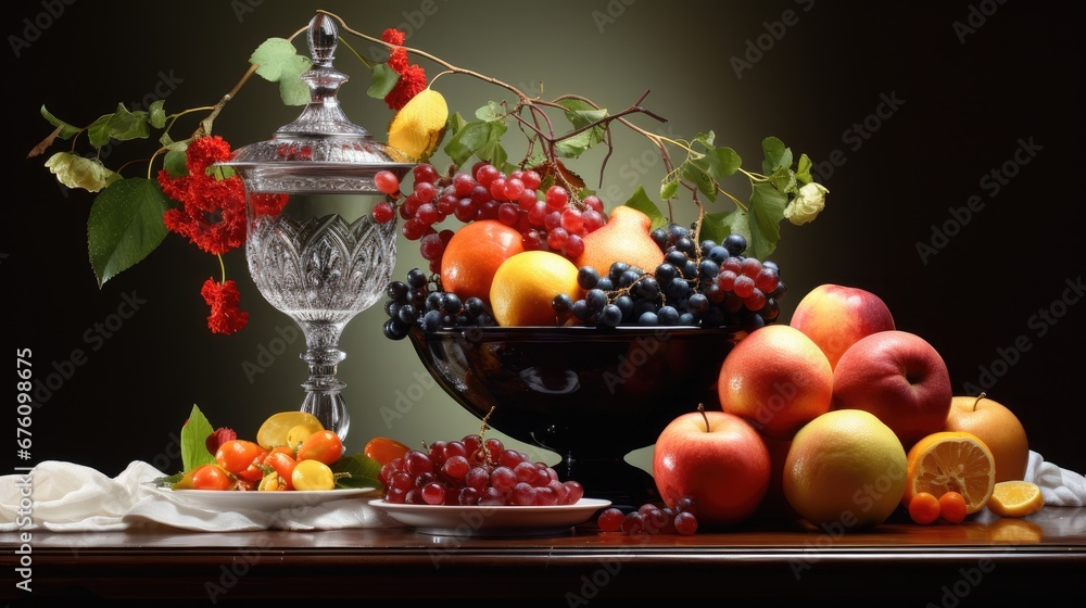 Poster a table topped with a bowl of fruit and a bowl of fruit on top of a table next to a plate of fruit. 