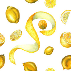 Watercolor lemon seamless pattern with lemons, cut lemon and slice, zest, peel. Hand drawn fresh yellow fruits isolated on white background. Painted Illustration for product design, print, fabric