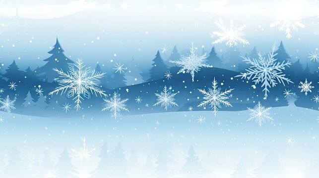  A Winter Scene With Snowflakes And Trees In The Foreground And A Blue Sky With Clouds In The Background.  Generative Ai