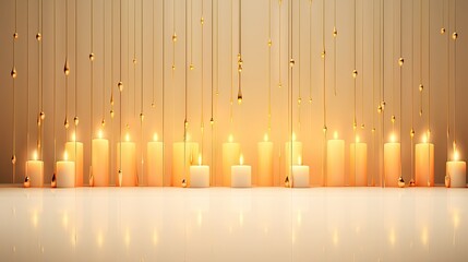  a group of lit candles sitting in front of a wall with a string of lights hanging from it's sides.  generative ai