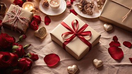  a gift wrapped in a red ribbon on a table with red rose petals and a candle and some other decorations.  generative ai