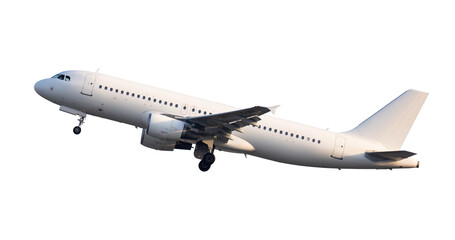 Passenger airliner on takeoff from ground on way to flight in new place. Isolated over white background