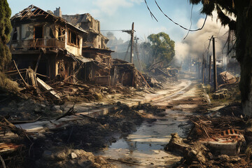 Destroyed houses and infrastructure, consequences of war. Abandoned city.