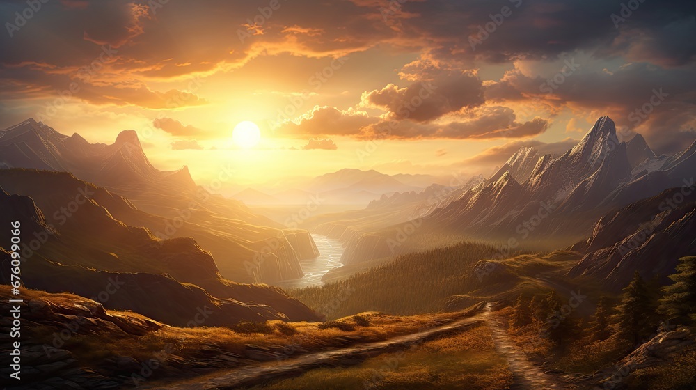Poster a painting of a sunset in the mountains with a path leading to a lake and a mountain range in the di