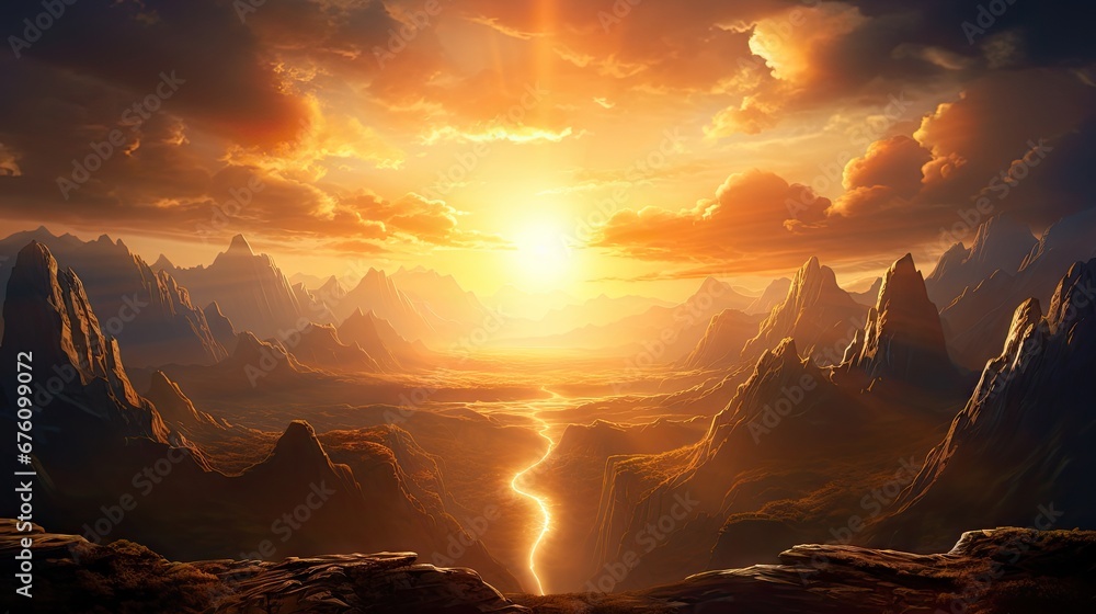Poster a painting of a mountain landscape with a river in the foreground and a sunset in the background wit